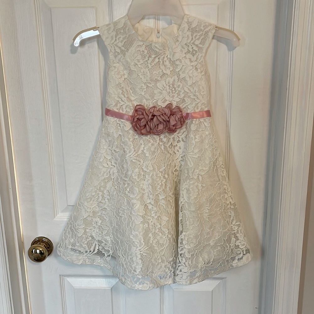 Lace Dress, Off White, w/ pink tie ribbon, 5T
